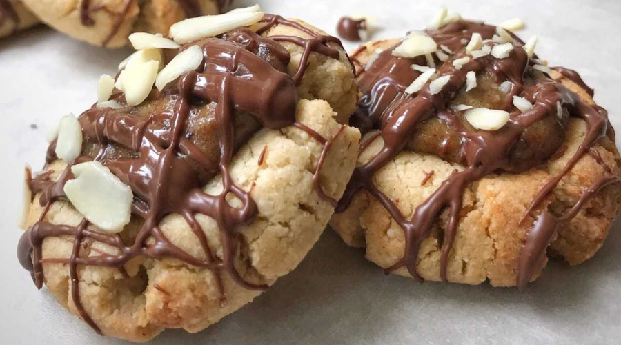 Chocolate Almond Salted Caramel Thumbprint Cookies
