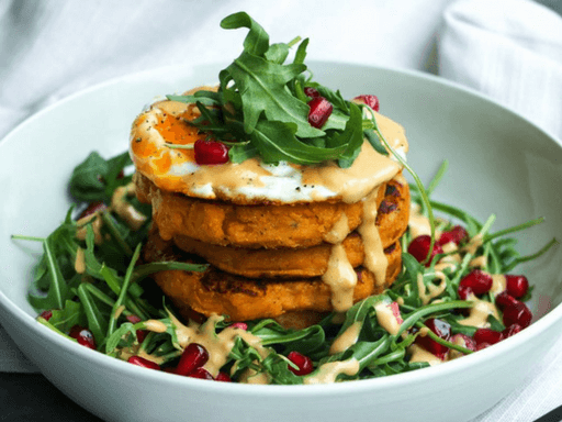 Sweet Potato & Chickpea Pancakes with a Lemon & Tahini Dressing