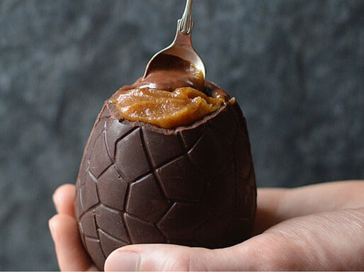 Raw Chocolate Egg Filled with Salted Caramel and Chocolate Mousse