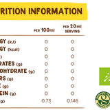 Zero calorie Organic Coconut Vinegar 500ml nutrition information showing fat and sugar free details